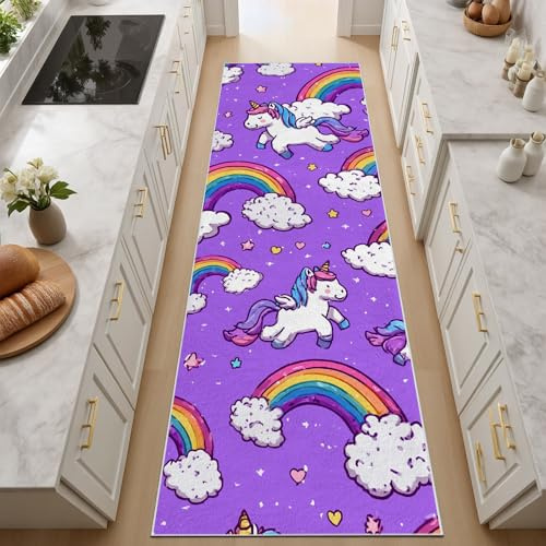 Generisch Cartoon Wolken Tiere Einhorn Teppich Küche Waschbar rutschfest 80x180 cm Flurläufer Lang Extra Dünn Teppichläufer Stern Mond Lila Küchenteppich Teppich Läufer für Schlafzimmer Teppiche