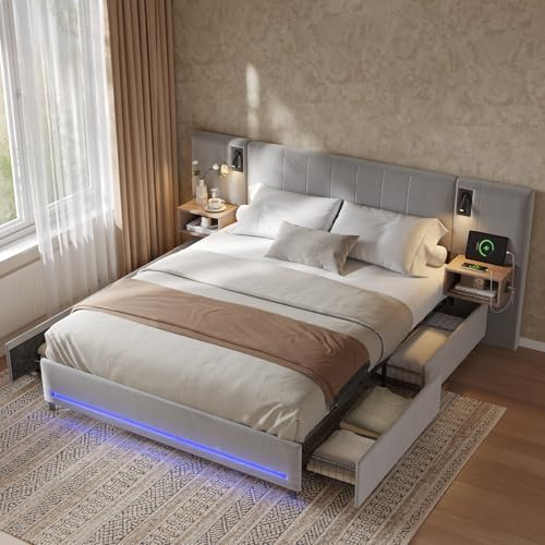 Artswish Polsterbett Doppelbett 140x200 cm, Grauer Samt Stauraumbett mit 4 Schubladen & 2 Nachtkommode mit USB Ladefunktion, Schlafzimmer Bettanlage mit 2 Leselicht & RGB-LED, ohne Matratze