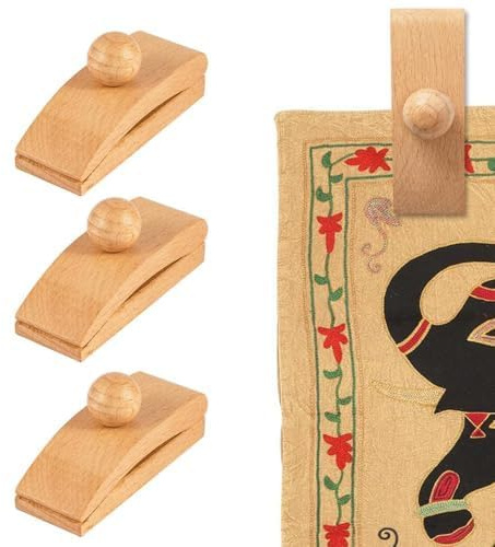4-Pack Beechwood Tapestry Hanger Clips, Wooden Quilt Wall Hanging Hooks | Hooks for Rugs, Blankets & Fabric Art Display, Heavy Duty Wall Mount Clips with Mounting Screws, 8x3x4.3cm