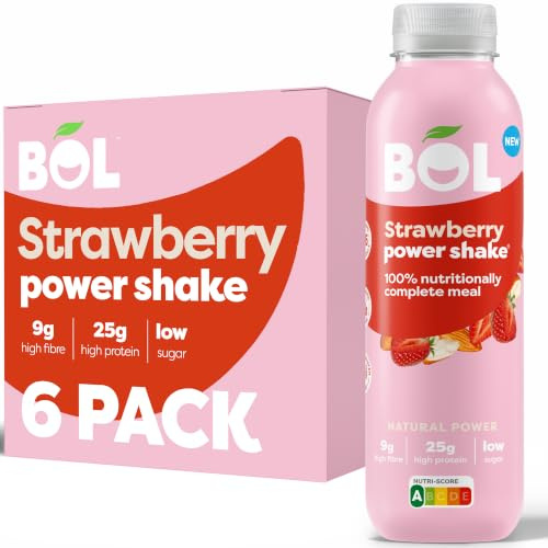 BOL Strawberry Power Shake Ready-to-Drink, 6 x 410ml Bottles | 25g Protein Per Bottle, Nutritionally Complete, Meal Replacement, Low Calorie, Low Sugar, High Fibre, Plant-Based, Multipack