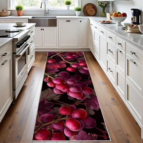 Meugesoi Traube Teppich Läufer Flur Obst Trauben Küchenteppich, Teppichläufer 60x150 cm Vintage Luxuriös Küchenläufer Küche Teppiche rutschfest Waschbar für Flur Eingangsbereich Esszimmer