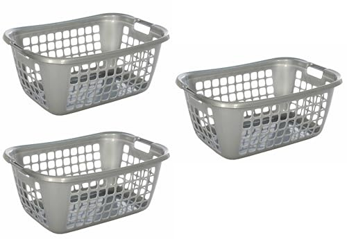 3 Stück 32 L Wäschekorb Wäschekörbe Plastik Kunststoff Korb Griffen Blau Silber (Silber)