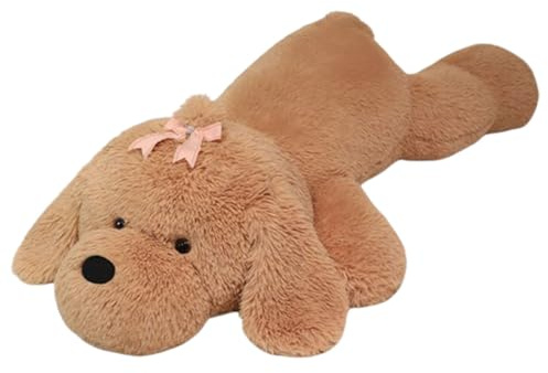 Groß Hund Kuscheltier XXL, Liegend Welpe Gross Plüschtier mit Schleife, Riesige Plüsch Spielzeug Flauschige Jumbo Stofftiere, Plüschhund Geburtstag Weihnachten Geschenk für Kinder (90cm,Braun)