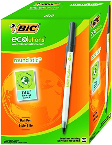 BIC ECOlutions Round Stic Stick Ballpoint Pen Black 60pc (S) – Ballpoint Pens (Stick Ballpoint Pen, Black, Black, White, 1 mm, 0.4 mm, 2000 m)