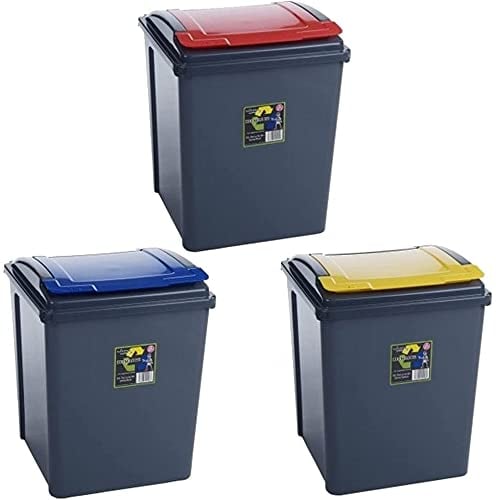 Pack of 3 Recycling Bins 50L 50 Litre Plastic Recycle Dust Bin Kitchen Garden (Red/Yellow/Blue)