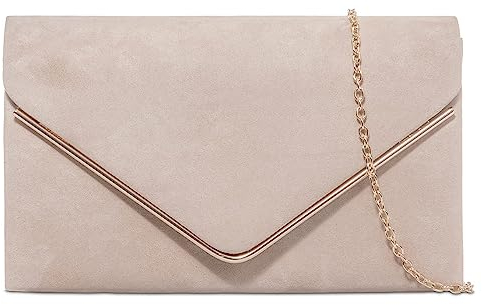 fi9 Pochette da donna in pelle scamosciata, tinta unita, da sposa, ballo di fine anno, matrimonio, festa,, Nude, medium