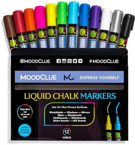 MoodClue Kreidemarker mit 12 Neonfarben, löschbar, Whiteboards, Glastafeln, Gelb, Hellblau, Neongrün, Pink,