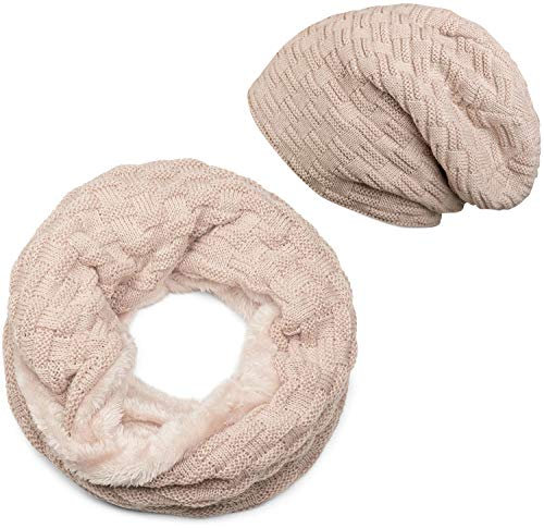 styleBREAKER Strick Loop Schal und Beanie Mütze Set mit Flecht Muster, Fleece Innenfutter, Winter, Unisex 01018211, Farbe:Beige