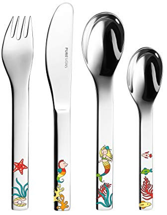 Kinderbesteck Kleine Meerjungfrau TOJA MIT Gravur (z.B. Namen) 4tlg. von Puresigns inkl. Namensgravur auf der Rückseite, Taufgeschenke für Mädchen Geschenk zur Geburt Taufe