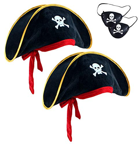 D-Fokes 2 Pieces Pirate Hat Skull Print Pirate Captain Costume Cap - Pirate Accessories Funny Party Hat for Caribbean Fancy Dress with Eye Patch