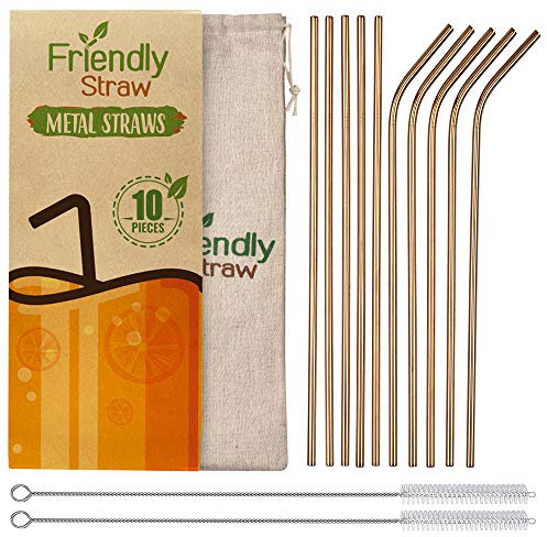 Friendly Straw 10 Pack 21.6 x .6 CM Reusable Metal Straws, 5 Straight 5 Elbow Stainless Steel Drinking Straws with Free Brushes and Pouch (Copper Finish)