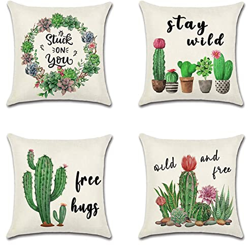 Artscope wasserdichte Kissenbezugen, 4 Stück Grün Kaktus Kissenhülle Atmungsaktiv Kissen Fall für Outdoor Balkon Terrasse Patio Garten Bauernhaus Dekor 45 x 45cm