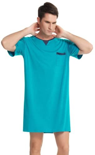 Enjoyoself Pijama de algodón para Hombre, Suave, Transpirable, Longitud hasta la Rodilla, Camisa de Noche de Manga Corta, Ropa de Dormir para Descansar