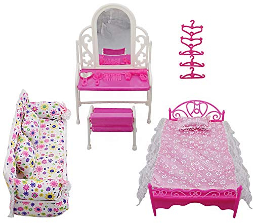 Yudanny 8 Stück/Set Prinzessin Möbel Zubehör Geschenk Kommode Set + Sofa + Bett Set + Kleiderbügel für Schlafzimmer Barbie Puppe