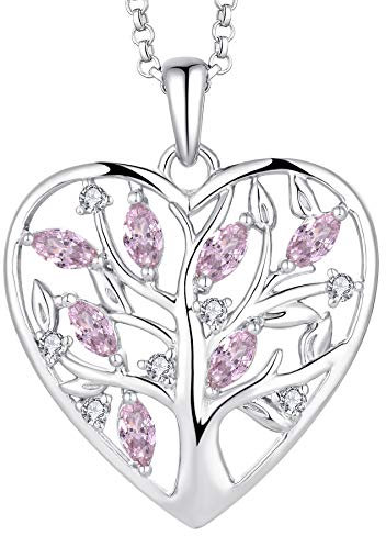 JO WISDOM Collier Pendentif Coeur Arbre de vie Argent 925/1000 AAA zirconium pierre de naissance d'octobre couleur Tourmaline Femme