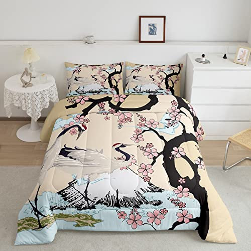 Crane Bettwäsche-Set, Mädchen-Kirschblüten, Fuji Berg, volle Größe, Bettdecken-Set für Kinder und Frauen, japanischer Stil, Tiertröster, Botanische Dekoration, Schlafzimmer-Kollektion, 3-teilig