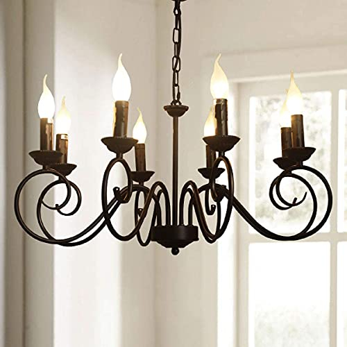 JIINOO Kronleuchter im Traditionellen Landhausstil, Vintage Höhenverstellbarer Kerzenleuchter aus Eisen, 8 E14 Lichter Deckenlampe Bauernhaus klassische Pendelleuchte für Küche Esszimmer Wohnzimmer