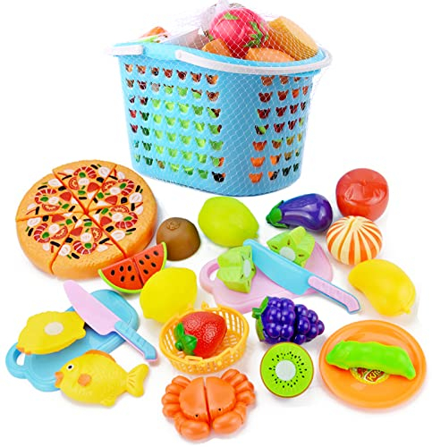 NIWWIN Juguetes de Frutas y Alimentos, Juegos de Corte de Pizzas, Juegos de Juguetes de Cocina, Juegos de Cocina de Personajes para Cortar Frutas y Verduras, Juguetes de educación Preescolar.(Azul)