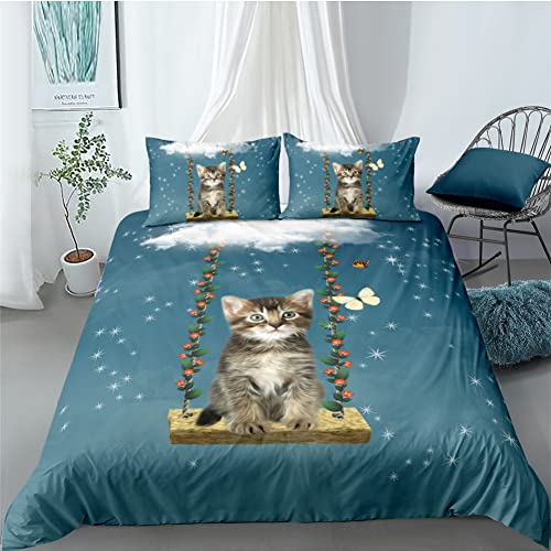 Tomifine Bettwäsche-Set Kinder Mädchen Katze Katzen-Motiv 135x200 cm Bettbezug mit Reißverschluss, Kätzchen weich und kuschelig, 3-teilig, 100% Mikrofaser, weiß, unisex, alle Altersklassen, saisonal