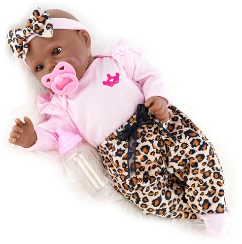 The Magic Toy Shop BiBi Doll Reborn Black Baby Girl Doll “Iris” 17 Inch – Realistic Newborn with Dummy, Bottle, Birth Certificate – Poseable Soft Body, Vinyl Limbs & Hand-Painted Details