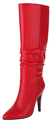 Bviennic Donna Inverno Tacco A Spillo Stivali Arricciati Knee Largo Calf Classico Appuntito Inverno Pelle Lined Stivali Western Rosso Numero 35 Eu