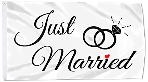 Cayyon Just Married Flagge Banner Outdoor Indoor Dekoration Flagge 90 x 152 cm doppelt genäht Polyester mit Messingösen (weiß)