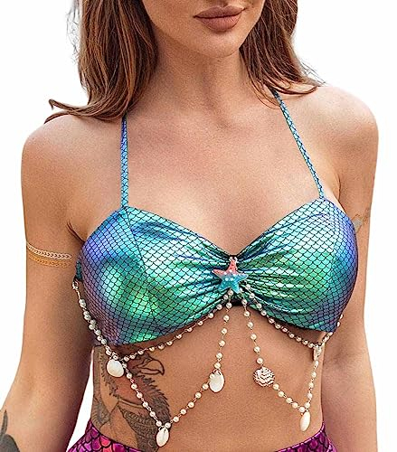 Edary Boho-Meerjungfrauen-Bikini-BH, Fischschuppen-Halfter-Top, metallisch, glitzernd, Quaste, Muscheln, Strand-Top, Bindebänder, Neckholder-BH, Bademode für Damen und Mädchen