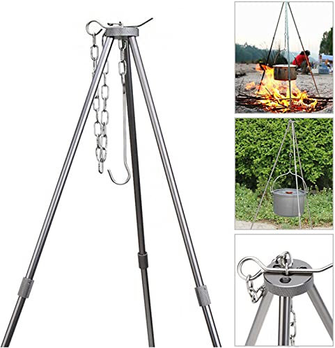 Treppiede da campeggio, falò, griglia a tre zampe con custodia, portatile, regolabile, pieghevole, con catena e gancio per campeggio, picnic, feste