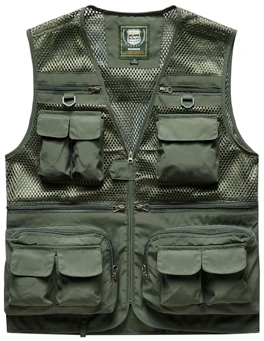 YAWHO Herren Weste aus Netzstoff, für Arbeit, Safari, Angeln, Reisen, Foto, Cargo Weste, Schnell Trocknend, Atmungsaktive mit Mehreren Taschen (7868 Green, XL)