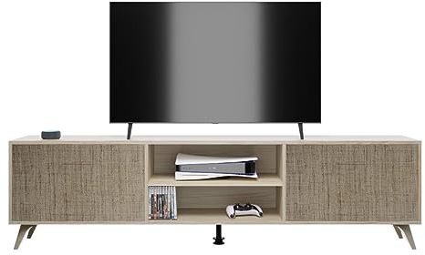 Homey Mueble de TV de Diseño Nórdico, 2 Compartimentos de Almacenamiento y 2 Puertas, Apto para Televisores de hasta 77 Pulgadas, Madera, Puccini-Textil, 49cm (Alto) x 180cm (Ancho) x 40cm (Fondo)
