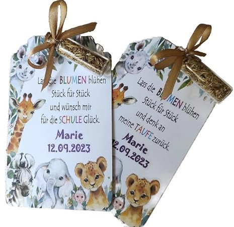 Galerie-of-art4you - Gastgeschenk Blumensamen Anhänger Tier Safari Reagenzglas mit Blumensamen, Taufe, Kommunion, Einschulung (Karte zur Taufe)