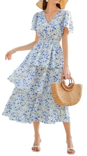 GRACE KARIN Women Smocked Tiered Dress V Neck Short Bell Sleeve Smocked Tiered Dress Long Floral Chiffon Dresses Blue Flower S
