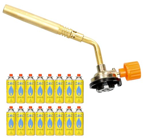 Z.M.C Gasbrenner 1,65 kW + 16x Gaskartuschen 227g Lötbrenner bis 1371 °C | Allzweck-Bunsenbrenner 1,65 kW bis 1371 °C mit regelbarer Flamme, ideal für Werkstatt & Küche