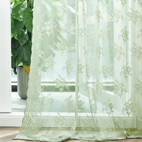 Kotile Durchsichtige Vorhänge für Wohnzimmer, Landhausstil, rustikale Spitze, Blumenmuster, Frühlings-Vorhänge, Stangentasche, Sichtschutz, 132 x 274 cm, Salbeigrün