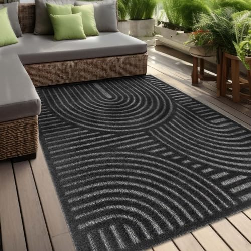 Taracarpet In & Outdoor Teppich Barcelona Wetterfest Balkon Boho Wohnzimmer Küche Skandinavisch Muster Einfarbig 3D Effekt Modern anthrazit Kreise Welle 160x220 cm