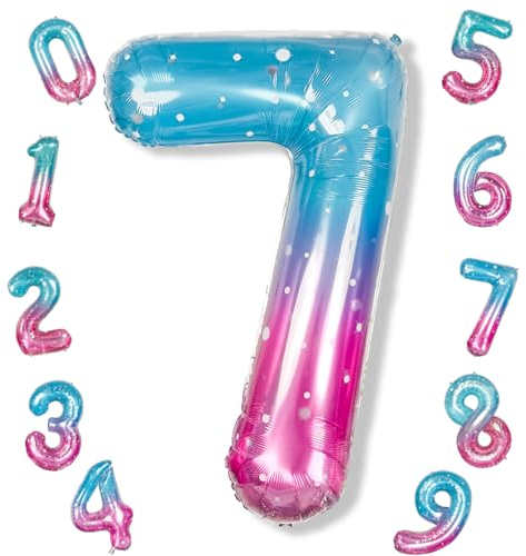 40 Inch Balloon Number 7 Mermaid, Large Mylar Foil Blue Pink Starry Number Seven Balloons Set for Girls Women, Rainbow Globos de Numero 7 Helium Balloons for Girls 7th Birthday Party Decorations