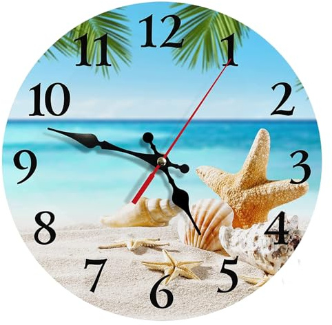 astylishome Große Wanduhr, blau, friedliches Meer, leise, nicht tickend, schöner Himmel, Strand, runde Uhren, leicht zu lesen, dekorativ für Küche, Badezimmer, Wohnzimmer, Heimdekoration, 1303