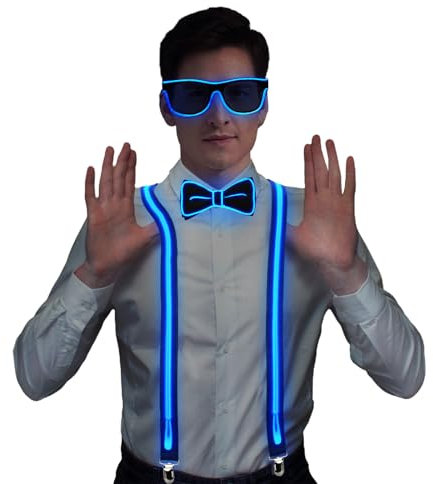 FORMIZON 3 Stück LED-Leucht-Hosenträger, Leuchtende Herren-LED-Hosenträge, LED Rave Outfit 3er Set, Verdrahtet Neon Rave Brille, LED Fliege für Musik Festival, Partybrille, Karneval(Blau)