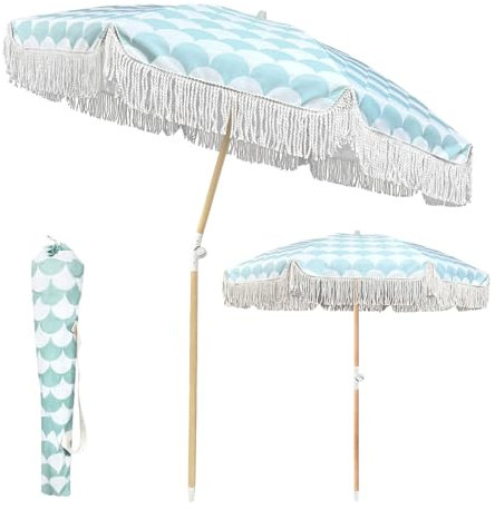 Ggipxalatyr Parasol De Jardin Exterieur Inclinable，Rond Parasol Droit 2m，Grand Parasol De Plage avec Protection UV，avec Franges，Parasol Hawaïen Pliable pour Balcon, Terrasse, Plage, Marché