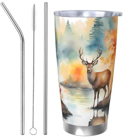 XZDCAL Deer by the river - Vaso de acero inoxidable de 20 onzas con borde plateado, tapa doble y juego de popotes