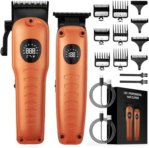 Oneyus 2 in 1 Profi Haarschneidemaschine Set, Clipper Haarschneider Herren Kabelloses, Barttrimmer Haartrimmer LED Anzeige Langhaarschneider mit 9 Führungskämmen Präzisionstrimmer Set - orange