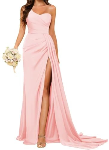 HPPEE Abito da donna monospalla da damigella d'onore per matrimonio sirena lungo abito da ballo in raso con spacco, Rosa cipria, 48