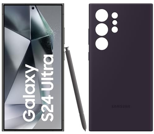 Samsung Galaxy S24 Ultra AI Smartphone, 12GB RAM/256GB Speicher, Titanium Black, 3 Jahre Herstellergarantie + Silicone Case Dark Violet