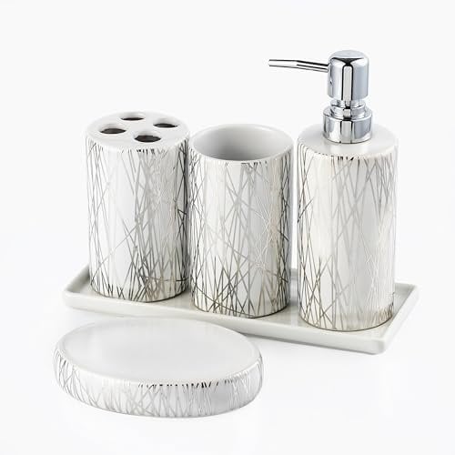 Home Harbour Modern Bathroom Collection | Set of 5 Bathroom Accessories | Soap Dispenser, Toothbrush Holder, Storage Holder, Tumbler, Tray Dish | Silver & White Décor Organiser (Set of 5 Collection)