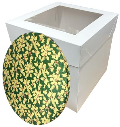 LARRYROO Tall White Cake Box Extra Deep with Clear Display Window & Festive Round Christmas Cake Drum Board Combo (Green, 10 Inch)
