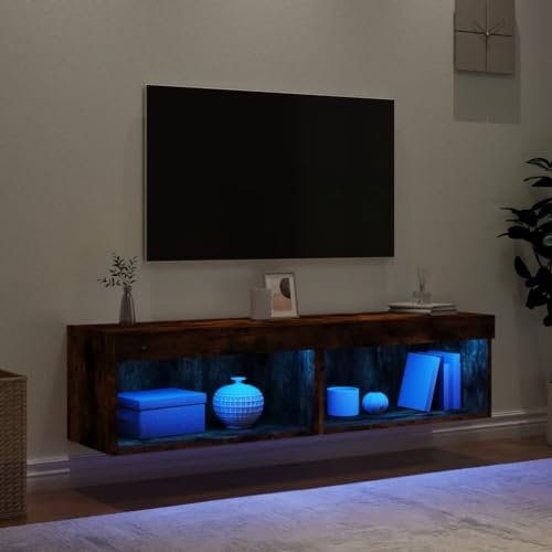 Modern 60cm LED Floating TV Cabinet Wall Mounted Entertainment Stand with RGB LED Lights & Open Storage Shelves for Living Room and Bedroom (Smoked Oak Finish)