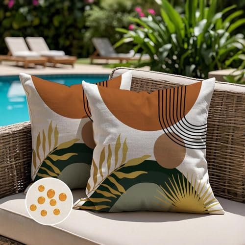 Jayusaror Outdoor Kissenbezug 45x45 Wetterfest Orange Grün Sofakissen Kissenhülle Boho Modern Minimalistisch Geometrische Tropische Blätter Sommer Kissen Kissenbezüge für Sofa Garten Deko 2er Set