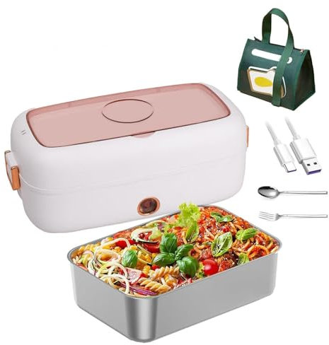 Fiambrera eléctrica para adultos, fiambrera Bento con calefacción de 80 W, calentador de alimentos portátil con recipiente de acero inoxidable de 0,8 L, carga USB, ideal para coche, camión y