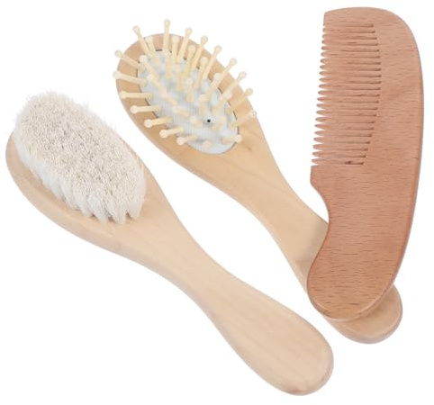 Cepillo Cuero Cabelludo de Ñiño, Juego 1 Set de 3 Piezas | Madera y Lana, para Recién Nacidos E Infantes, Cuidado Suave del Cabello y Masaje del Cuero Cabelludo