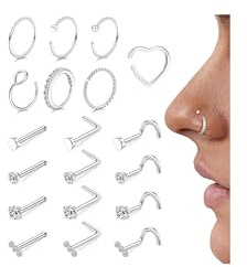 Morfetto 19 Stück Nasenpiercing Silber Set für Damen Herren 316L Chirurgenstahl L-Förmig Screws Piercing Nase Stecker Nasenring Silber Dünn Nasenstecker Nostril Piercing Schmuck 18G